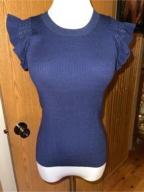 Muse Navy Blue Ruffled Sleeve Knit Top